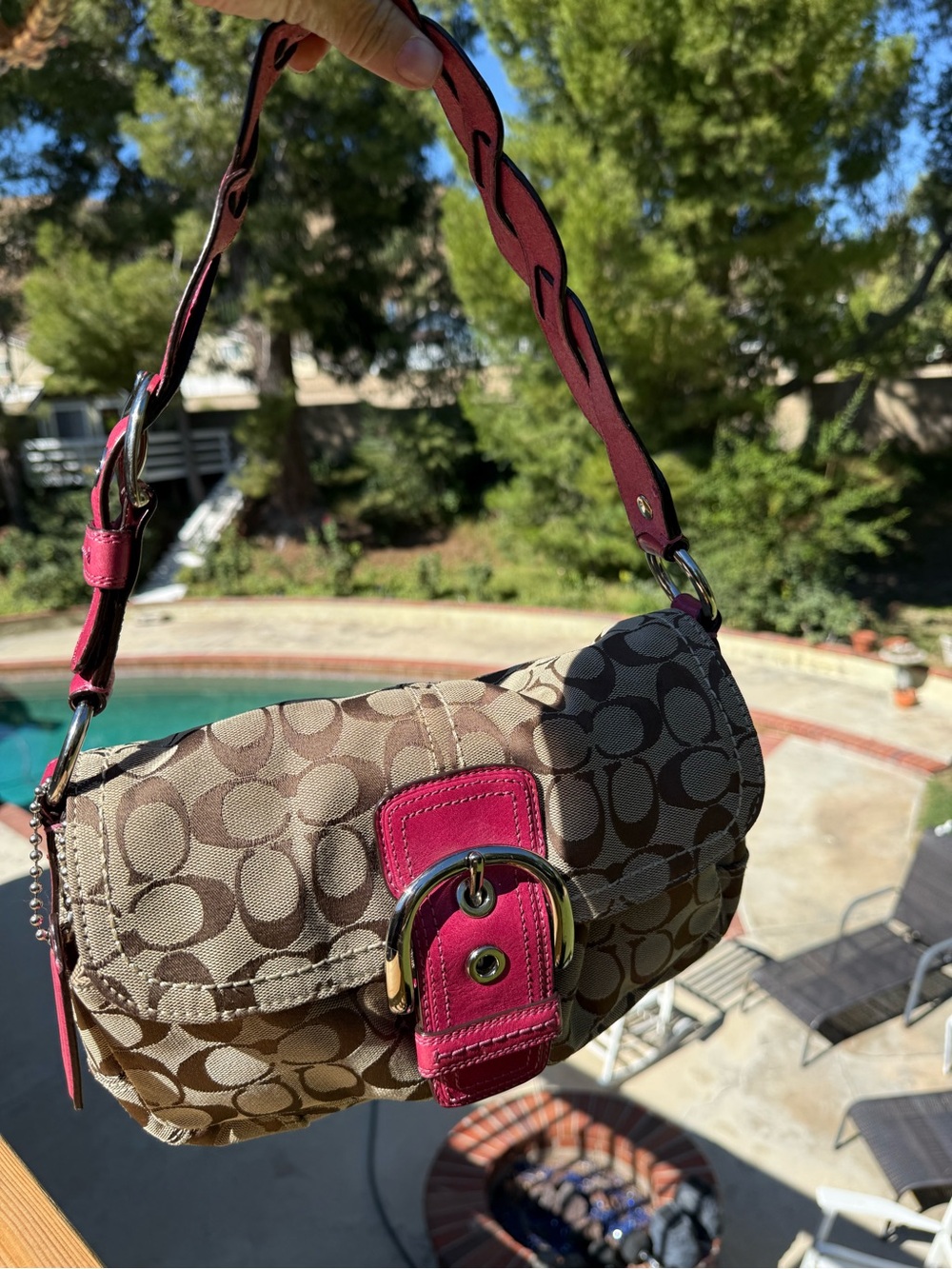 Coach Beige Signature Canvas Shoulder Bag with Pink Accents